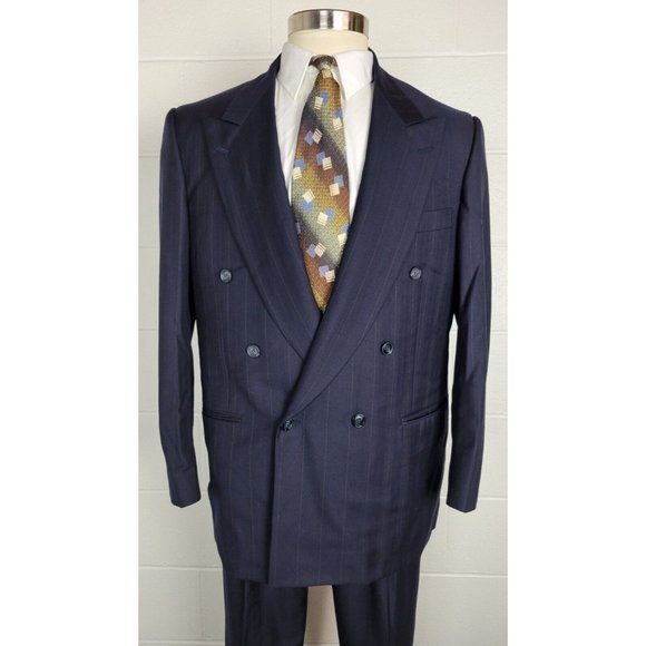 Samuelsohn‎ Tilford Mens Double Breasted Blue Pinstripe Wool Suit 43R